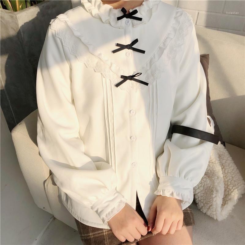 

Women's Blouses & Shirts Japan Mori Girl Sweet Bow Tie Lace Croche Cotton Shirt Long-sleeve Lolita Basic White Blouse Peterpan Collar Women
