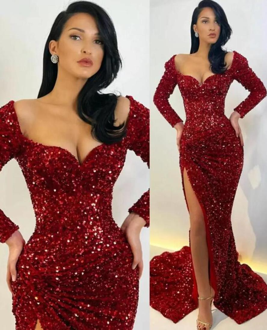 2022 Sexy Haute Fentes Robes De Soirée Avec Manches Longues Paillettes Paillettes Sirène Formelle Robes De Bal Balayage Train Arabe Aso Ebi Femme