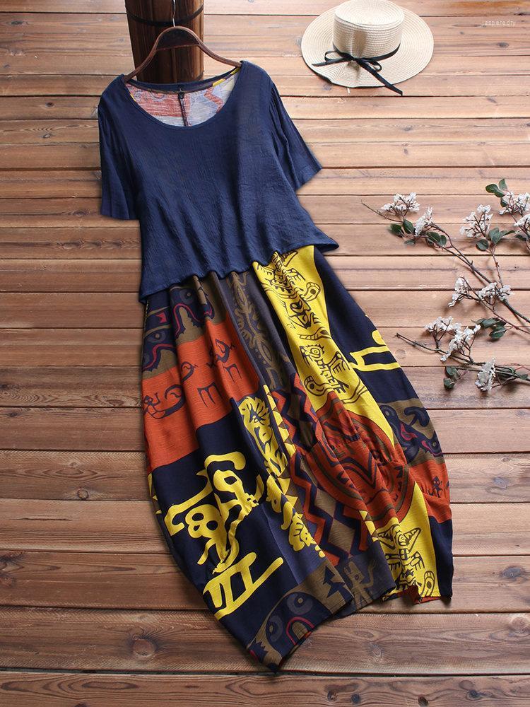 

Plus Size Dresses 4XL 5XL Retro Printing Viange Dress Women 2022 Summer Elegant Two Pieces Loose Large Clothing Jasp22, Blue