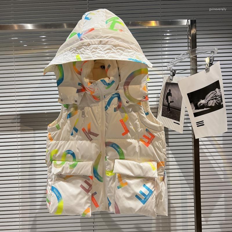 

Women's Vests Letter Graphic Hooded Flop Pocket Front Puffer Vest Guin22, White