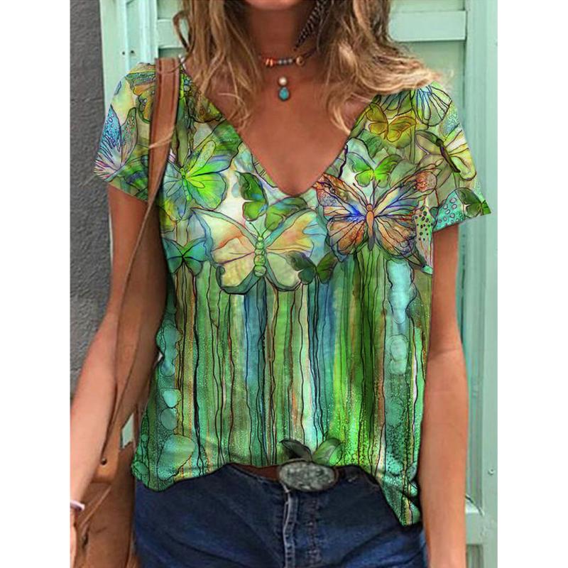 

Women' T-Shirt Butterfly Print Green T Shirt Women 2022 Summer Oversize Tops Ladies Casual Short Sleeve V-Neck Loose Tee Top Plus SizeWomen, Vtdws107881sj270