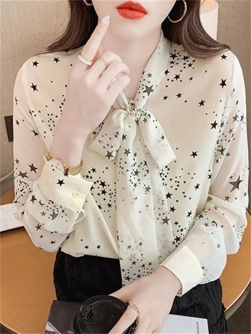 

Women's Blouses & Shirts Women Spring Autumn Style Chiffon Tops Lady Casual Long Sleeve Bow Tie Collar Stars Printed Blusas DF4401Women's, As picture