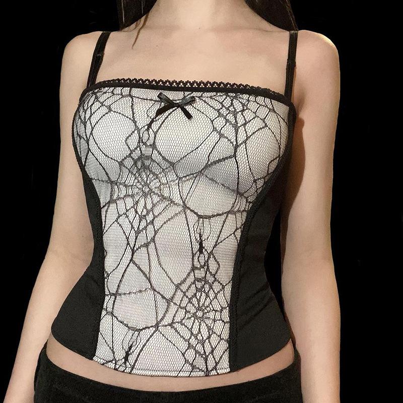 

Women' Tanks & Camis E-girl Vintage Net Mesh Top Y2K Gothic Grunge Zipper Backless Cropped Tops Women Bow Patchwork Summer ClothesWomen' W