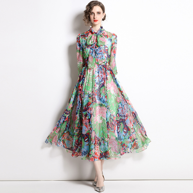 

2022 Summer New Women Beach Holiday Dress Scarf Collar Floral Printing Expansion Vestidos Elegant Street Dresses, As picture