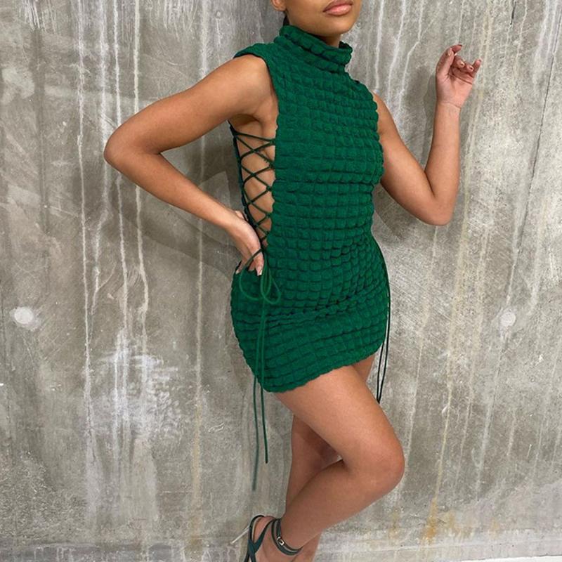 

Casual Dresses Stacked Plaid Bandage Hollow Dress Women Sleeveless Turtleneck String Skinny Bodycon Summer Fashion OutfitsCasual, Black