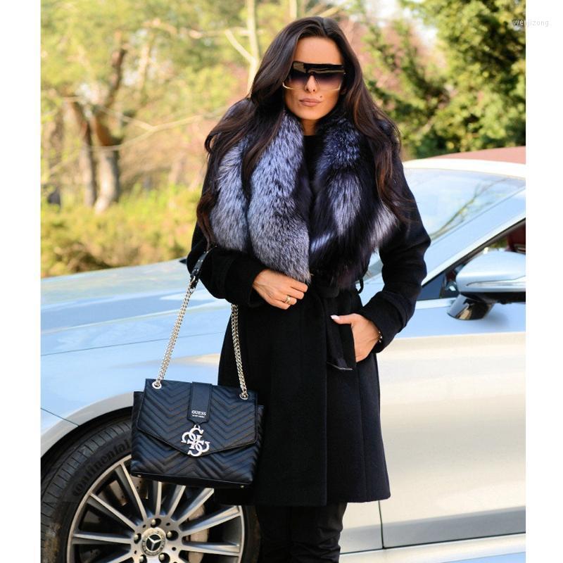 

Women's Fur & Faux Long Black Wool Blends Coat With Silver Collar Natural Women Genuine Cashmere Coats Outwear Female Trendy 2022, As picture