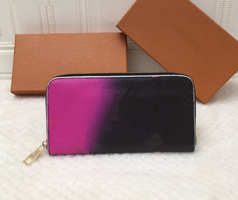 

Wholesale lady square wallet multicolor coin purse Card holder original women classic zipper pocke Clutch bag with box, Pink