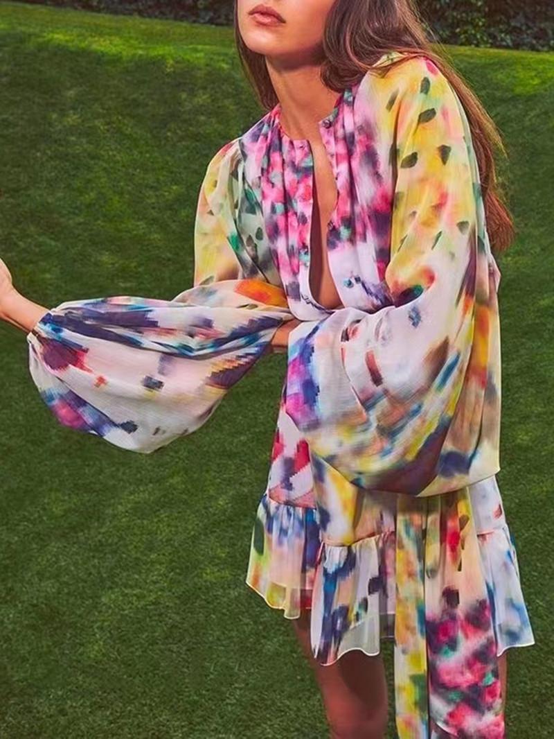 

Casual Dresses Women' Tie Dye Printed Dress Ladies Single Breasted Lantern Sleeve Sweet Ruffle Short Robe Waist Lace-UpCasual