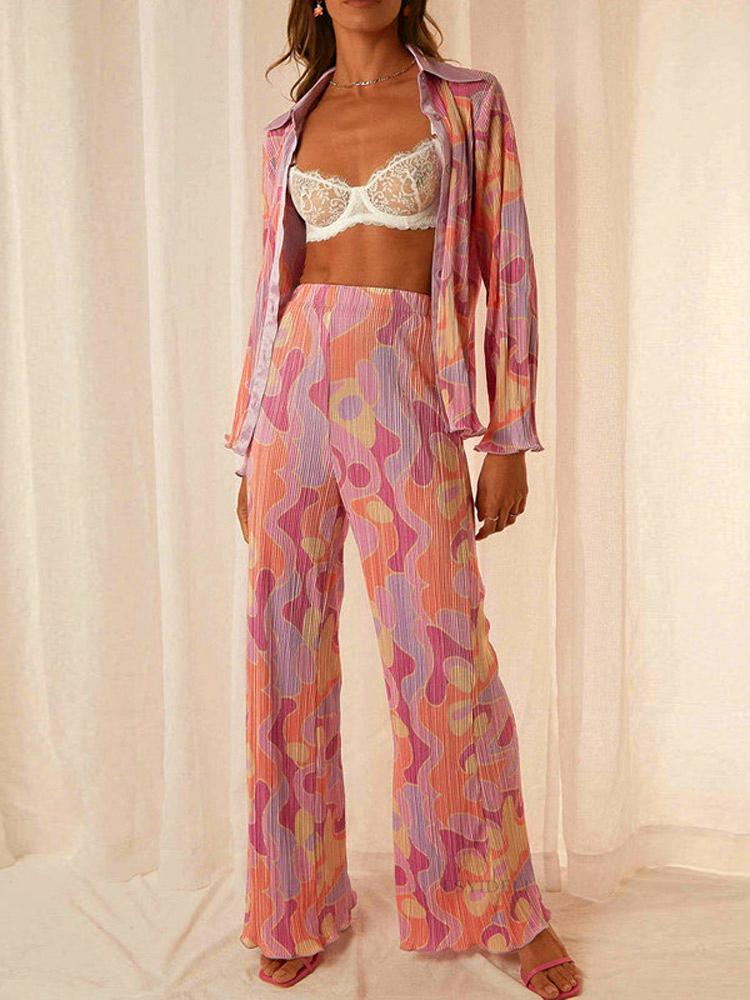 

Women' Two Piece Pants Print Pleated Suit Women Lapel Long Sleeve Shirt Top And High Wasit Set Elegant Casual Outfits SetWomen, Orange purple