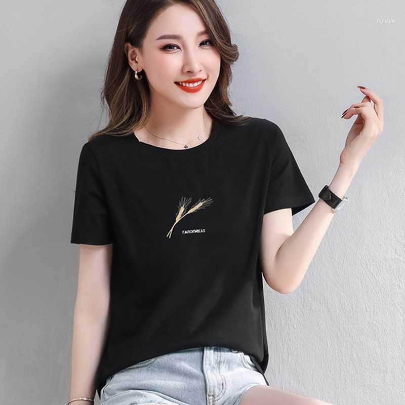 

Short-sleeved Summer 2022 T-shirt Women's Wild Cotton Korean Loose Round Neck, Black