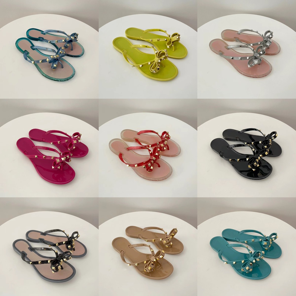 

Multi Colors Studs Bow Sandals Slip On Flat Rivet Slides Slippers Rubber Studded Jelly Flats Designer Women Sandal Beach Mule Thong Flip Flops Lady Girls Water Shoes, Fill postage