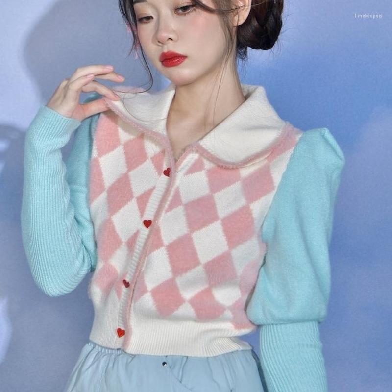

Women' Knits & Tees Preppy Style Crop Knit Cardigans Contrast Color Argyle Sweater Women Sweet Y2k Pull Femme Short Casual Coat HarajukuWom, Pink blue
