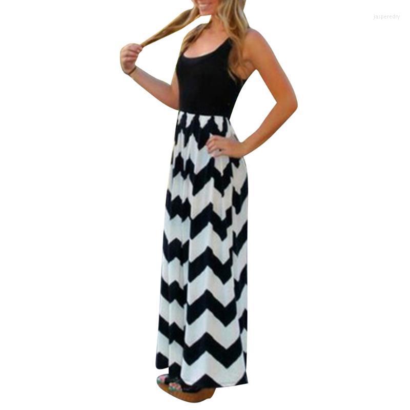 

Plus Size Dresses Women Wavy Striped Summer Maxi Dress Long Boho 2022 Lady Sleeveless Tank Design Sundress Beach Vestido Jasp22, Black