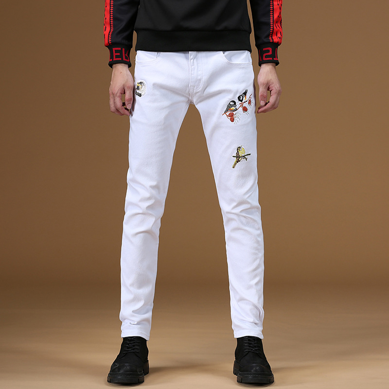 

New Elegant Men's Solid Color Embroidered Jeans Korean Version of The Tide Brand Self-cultivation Elastic Personality Embroidery All-match Long Pants, White-jc286