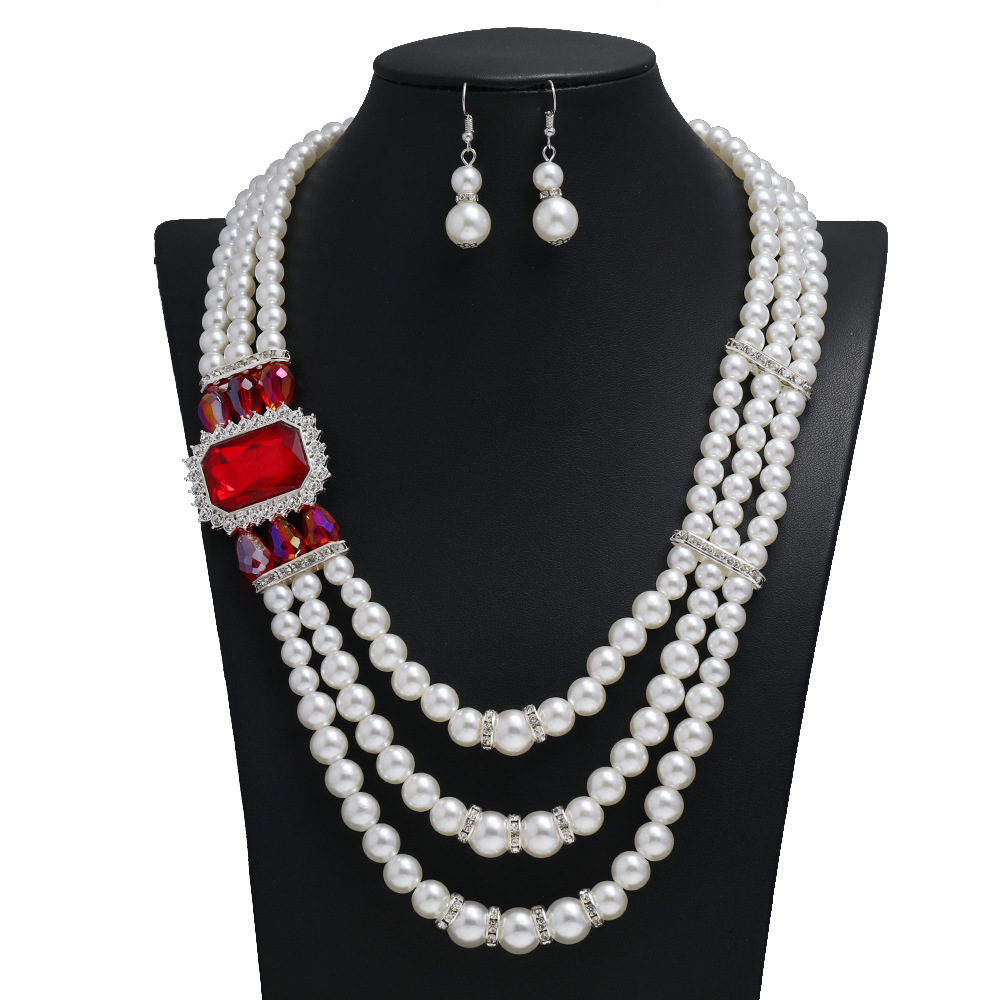 

Bridal Wedding Accessories Necklace Set Fashionable and Elegant Alloy Diamond Inlaid Multi-layer Pearl Necklace