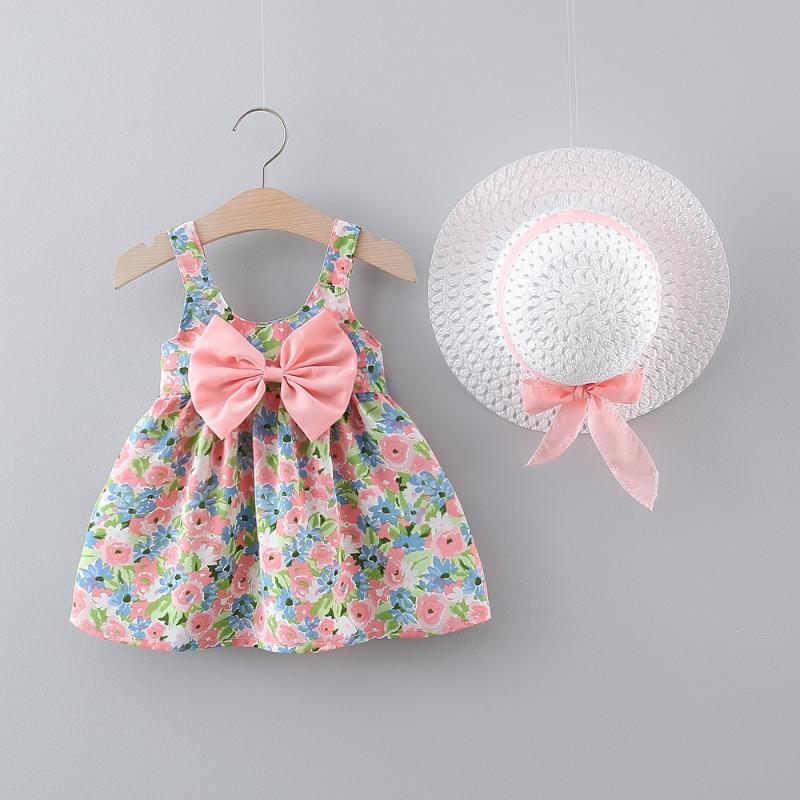 

Girl's Dresses Summer Cotton 2pcs Baby Girl All Over Floral Print Sleeveless Bowknot Cami Dress With Hat Set Infantil Clothes VestidoGirl's, G645-black