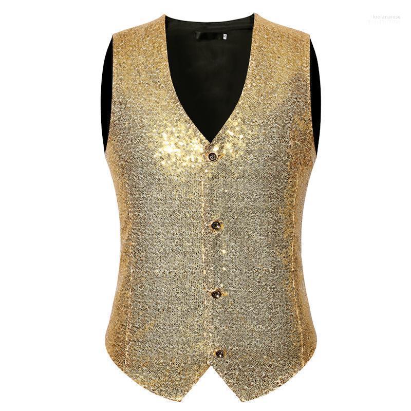 

Men's Vests Bright Sequin Vest Men Golden Silver Waistcoat Stage Group Singer Clothing Night Club Prom Dress Suit Solid Gilet Homme Luci22