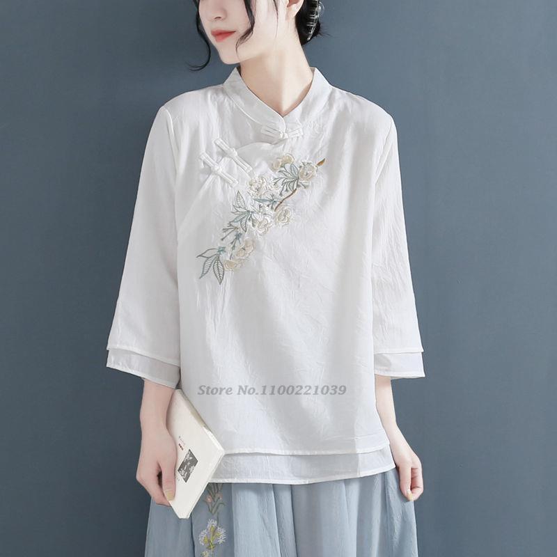 

Ethnic Clothing Female Linen Cotton Chinese Traditional National Tops Flower Embroidery Loose Hanfu Blouse Women Elegant Oriental Tang SuitE