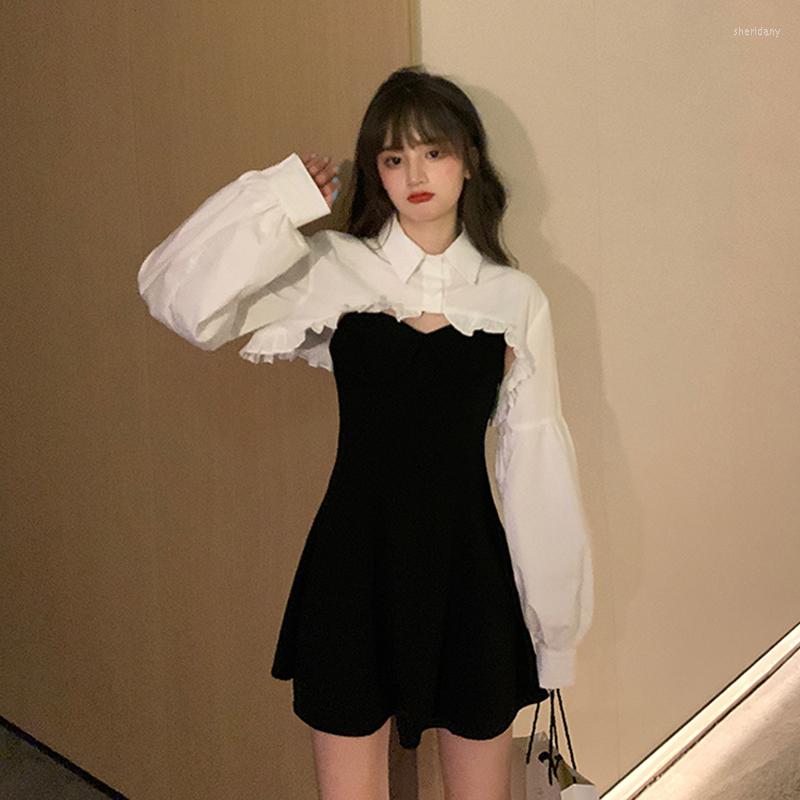 

Work Dresses Women's Two-piece Fashion Japanese Streetwear White Puff Sleeve Top Black Sexy Mini Dress Gothic Punk SuitWork, Only white blouse