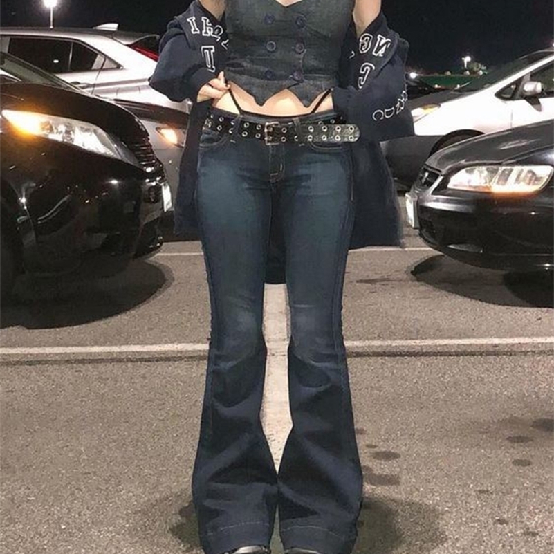 

Rapcopter y2k Flare Jeans Vintage Low Waisted Cute Trousers Aesthetic Streetwear Casual Cargo Pants Women Korean Distressed Jean 220813, Blue