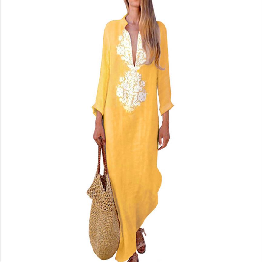 

Summer Women Dress Clothes Boho Long Maxi Dress Long Sleeve V-neck Loose Ladies Party Summer Beach Sundress Casual Clothing306P, Blue