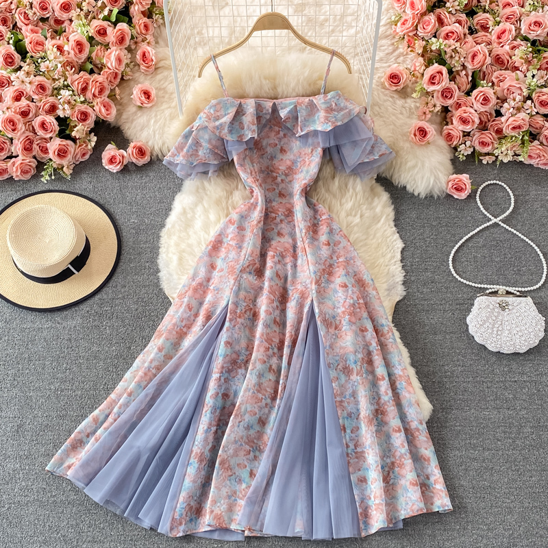 

Summer Elegant Chiffon Floral Strap Dress Women's Mesh Stitching Strapless Mixi Holiday Ladies Vestidos Female Robe 220418, Blue
