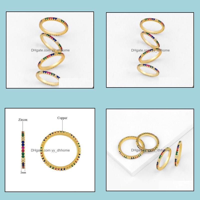 

With Side Stones Rings Jewelry Gold Plated 2Mm Wide Rainbow Round Colorf Cubic Zirconia Eternity Ring Tiny Wedding Party Drop Delivery 2021