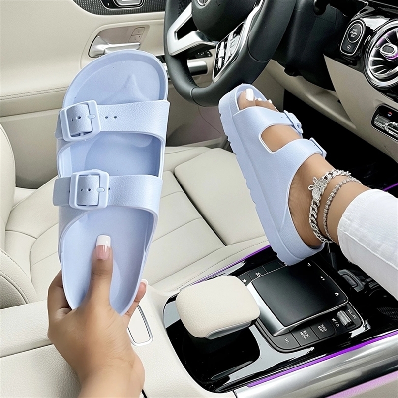 

Fashion Two Buckles Thick Soft Sole Platform Slipper Open Toe Flip Flops Outdoor Beach Slides Flat Sandals Shoes 220614, White