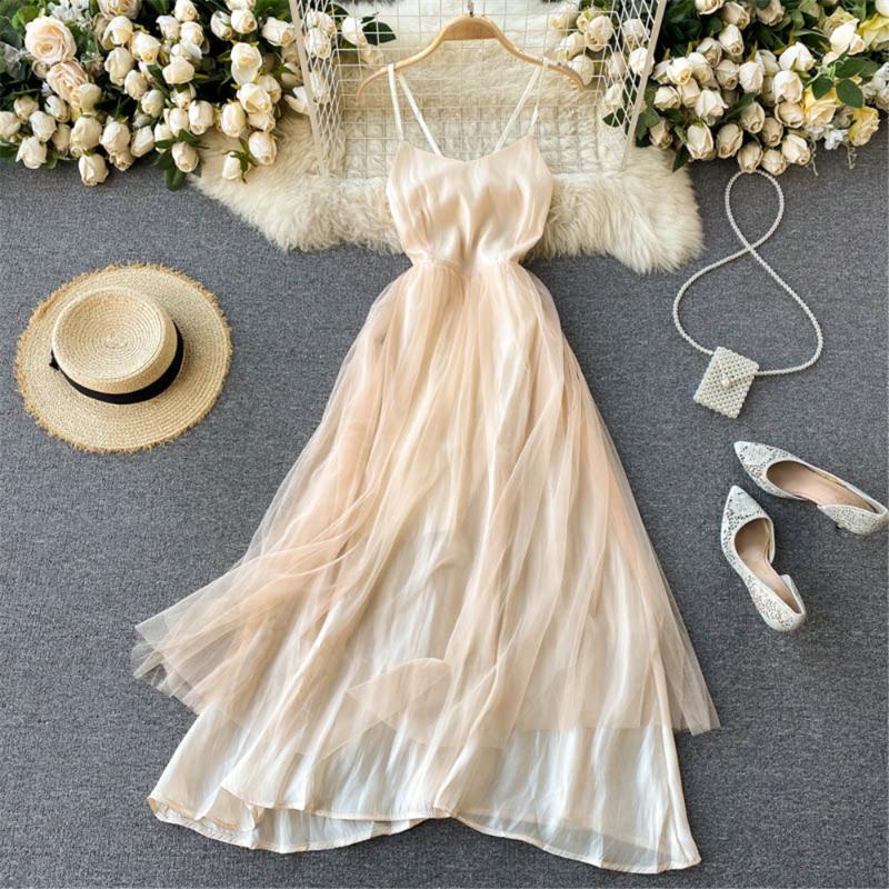 

Casual Dresses Women Mesh Party Dress Summer Sexy V Neck Vintage Ladies A Line High Waist Long Robe Vestidos, Apricot