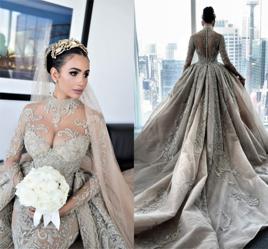 

Luxury Crystal Beaded High Neck Mermaid Wedding Dresses With Detachable Train Sexy Plus Size Long Sleeves Arabic Mulslim Bridal Gown, Silver
