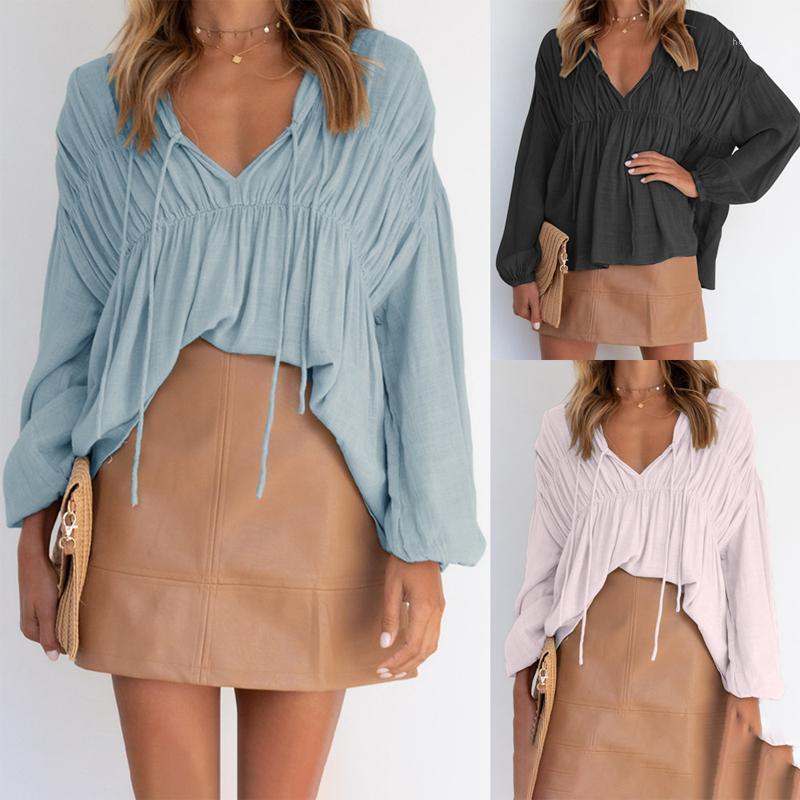 

Women' Blouses & Shirts Women Casual Loose Style Shirt 2022 Autumn Spring Tie Up V-Neck Long Sleeve Blouse Ladies Fashion OL Pullovers Soli, Black