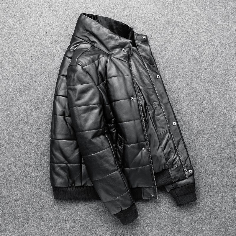 

Men' Leather Faux Leather Sheepskin Jacket Top Layer Down Cotton Winter Warm L220823, Black