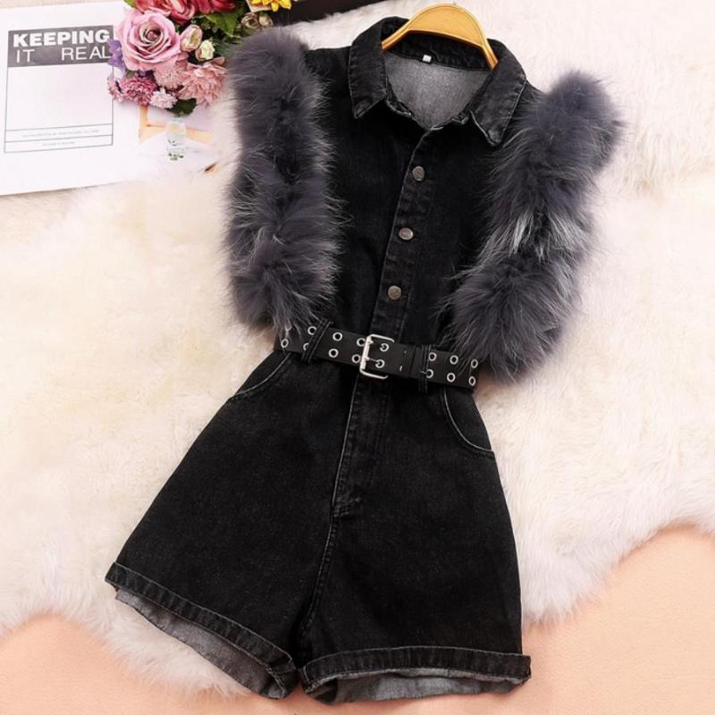 

Women' Jumpsuits & Rompers Arrival Fur Stitching Denim Overalls Shorts Women Single Breasted Slim Playsuits, Black
