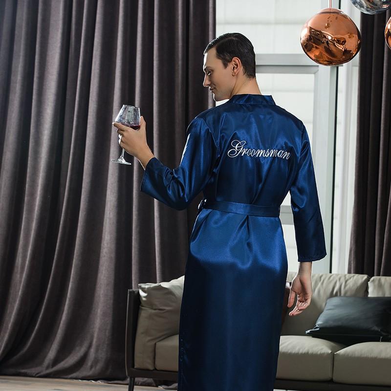 

Men's Sleepwear Big Size 3XL Men Embroidery Robe Groom Groomsman Wedding Faux Silk Kimono Gown Male Casual Nightgown Home WearMen's, Navy blue groomsman