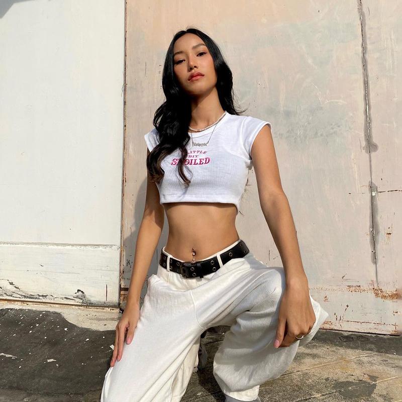 

Women' Tanks & Camis Ins Style Women Spring And Summer Letter Embroidered T-shirt Ultra-short Navel Slim Vest Top Women' ClothingWomen, White