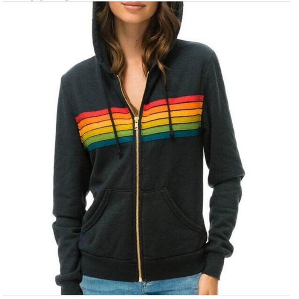 

Women's Hoodies Sweatshirts Autumn Fashion Zip-Up Jacket Rainbow Stripe Splicing, Gray