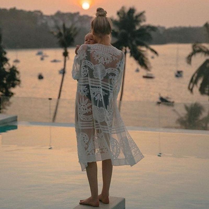 

Women's Swimwear Swim Suit Cover Up Playa Pareo Beach Tunic Women Lace Dress White BeachwearWomen's