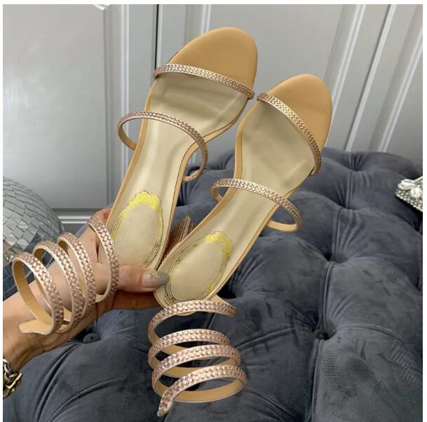 shoes Rene caovilia sandals for women top quality Serpentine winding Satin dress shoes Genuine leather sole chunky heels designer 9CM High Heel R