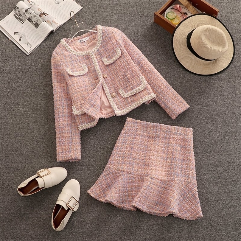

High Quality Fall Winter Plaid Tweed Skirt Two Piece Set Women Woolen Short Jacket Coat + Mermaid Skirt Suits Sweet 2 Piece Set 220514, Pink