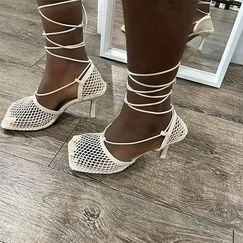 

Dress Shoes Women's Mesh On Heels Summer 2022 Fashion Luxury Cross-tied Hollow Solid Leisure Casual Square-Toe Lace Up Party PumpsDress, White