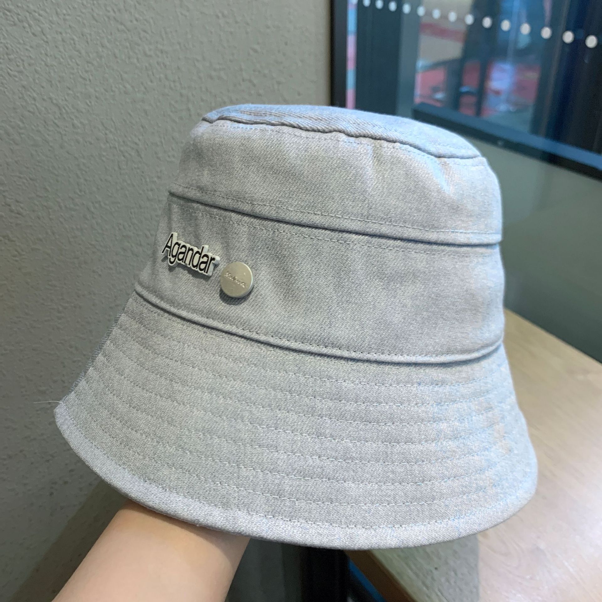 

Hats & Caps Japanese High-Order Cute Button Letter Denim Solid Color Fisherman Hat Womens Korean-Style Early Spring Cover Face Bucket Hat Sun, Navy blue