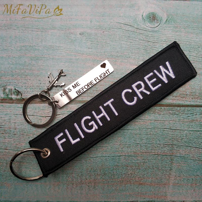 

Keychains MiFaViPa 2 PC Kiss Me Before Flight Keyring Crew Keychain Fashion Trinket Embroidery Key Chain For Men Gift Black