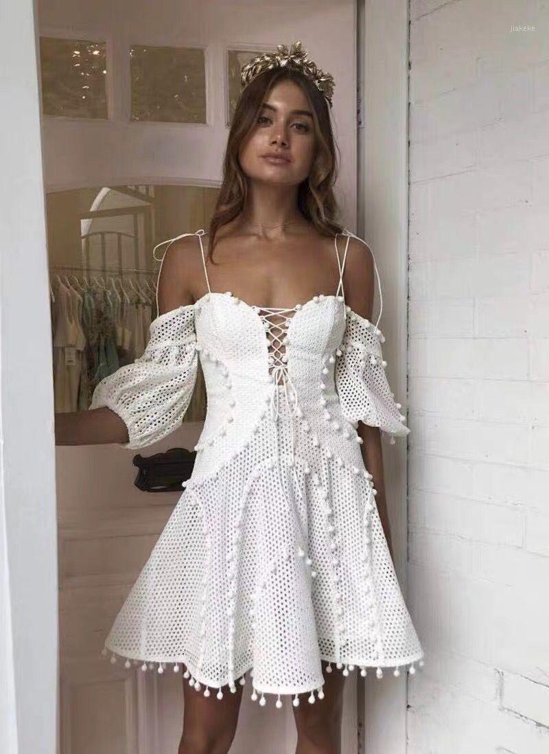

High-end Custom Luxury Runway Designer Self Portrait Dress 2022 Summer Women' Sexy One-shouldered Socialite Trim Holiday, White