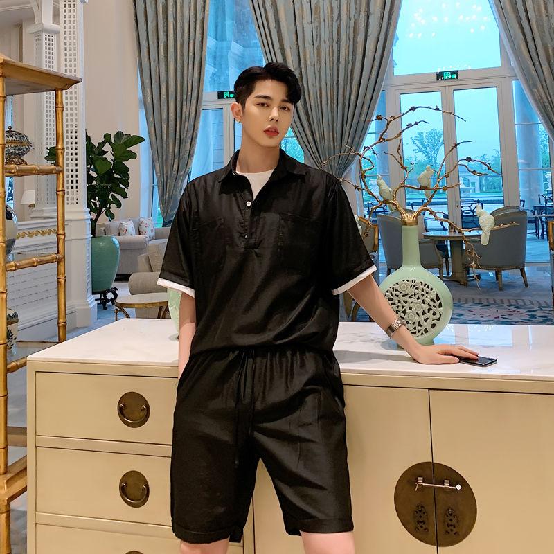 

Men's Tracksuits 2022 Summer Youth Solid Color Loose Fake Two-piece Five-point Sleeve Shirt Shorts Fashion Casual Suit, Black