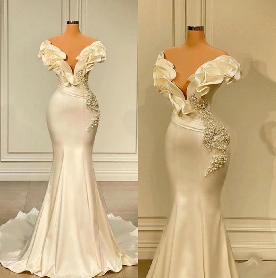 

2022 Elegant Satin Mermaid Evening Dresses Off the Shoulder Ruffles Floor Length Flowers Beaded Pearls Long Pary Occasion Prom Gowns Formal Wears BC10991, Hunter