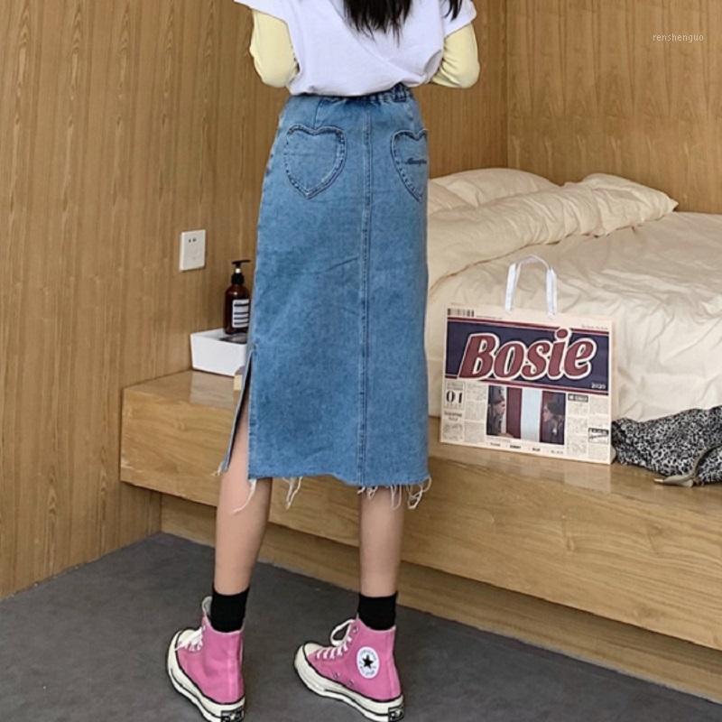 

Skirts Korean Fashion Womens High Waist Retro Jean Loose Embroidery Elastic Denim Skirt YG5127, Light blue