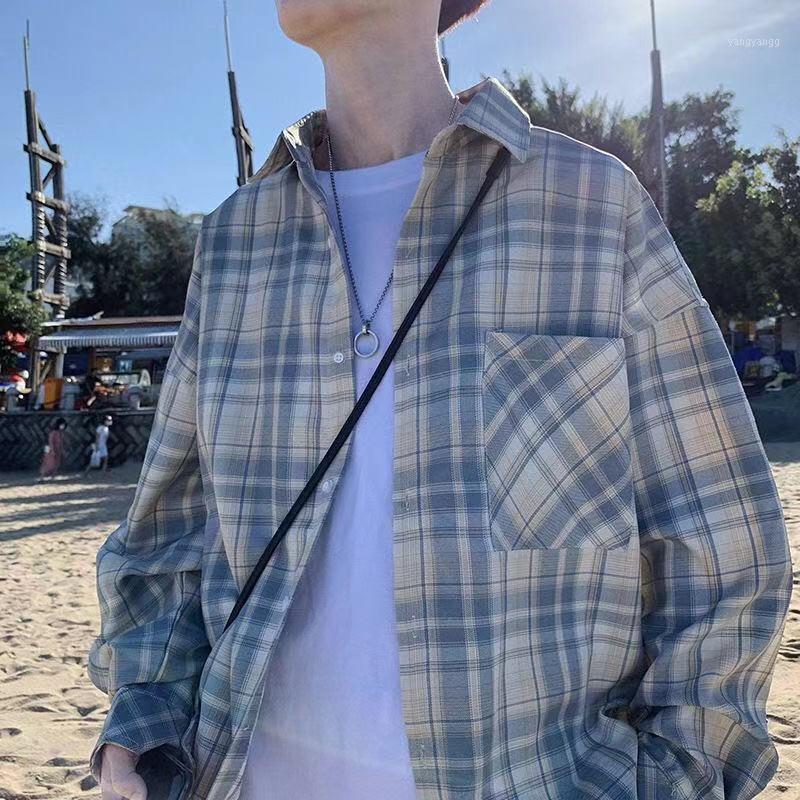 

Autumn And Winter Plaid Long-sleeved Shirt Korean Men's Trend Casual Fashion Japanese Thin Coat Shirts, Beige