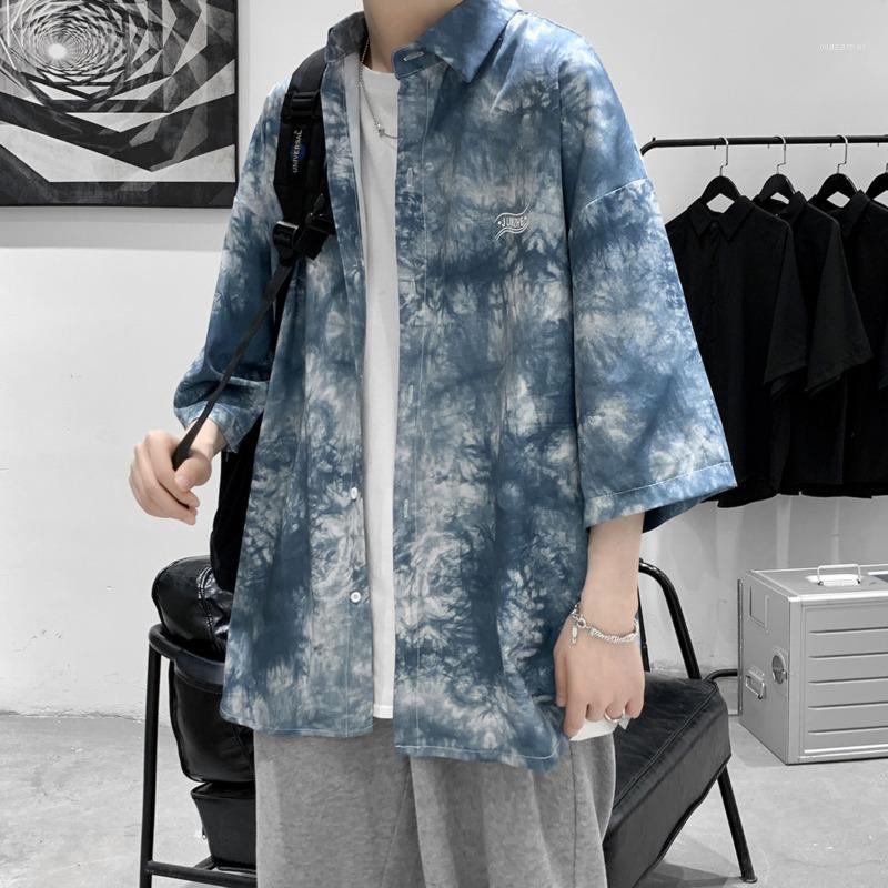 

Men's Casual Shirts Summer Tie-dye Work Shirt Korean Fashion Loose Harajuku Streetwear Retro Short-sleeved Men, Black