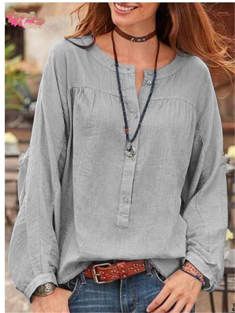 

Women' Blouses & Shirts Boho Solid Color Shirt Loose Long Sleeve Round Neck Chest Button Tops Blouse For Female Plus Size, Black