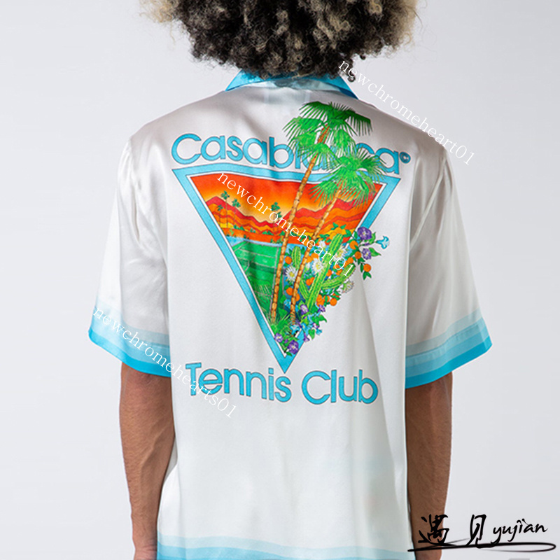 

Casablanca 22ss White and Blue Cactus Tennis Court Print Casual Hawaiian Men' and Women' Short Sleeve Shirt Summer Casablanc